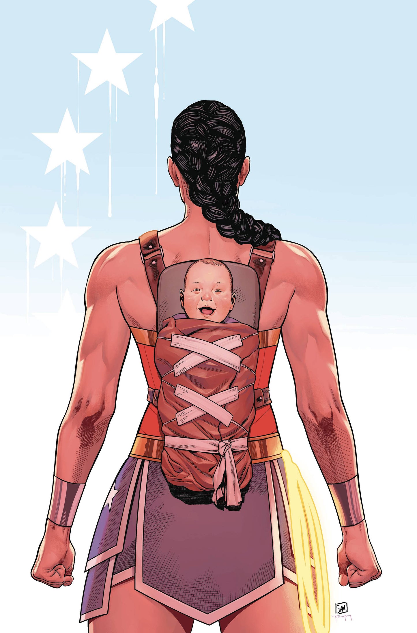 Superhero character holding a baby in a sling against a light blue background with stars.