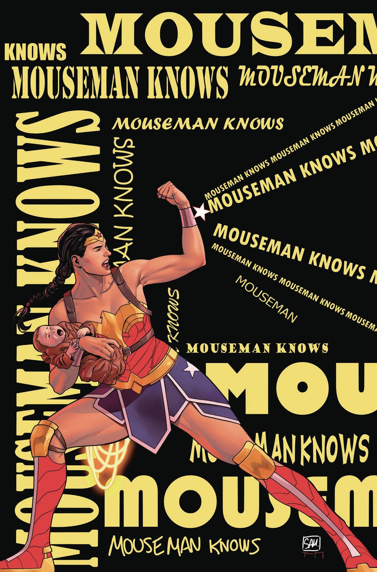 Comic book cover with a superhero character holding a baby, surrounded by 'Mouseman Knows' text on a black background.