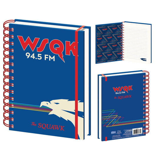 Blue notebook with red and white text and design, featuring 'WSQK 94.5 FM' and a logo.