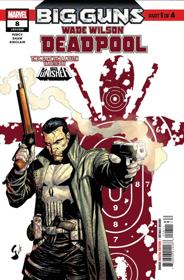 Marvel's Big Guns: Wade Wilson / Deadpool #8 comic book cover, featuring Deadpool pointing a pistol forward while holding a shotgun in the other hand, with red target graphics and smoke effects on a white background.