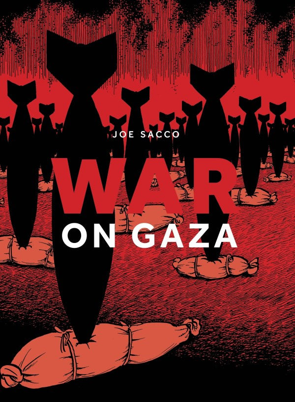 Book cover of 'War on Gaza' by Joe Sacco with silhouettes of bombs and a body.