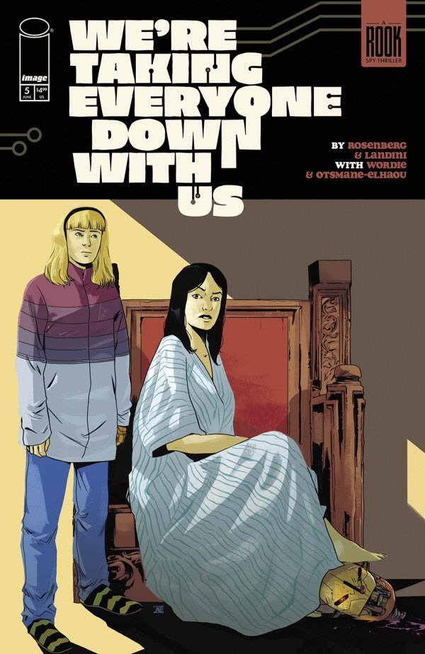 Comic book cover with two characters and text 'We're Taking Everyone Down with Us' on a brown background.