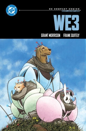 Comic book cover titled 'WE3' by Grant Morrison and Frank Quitely with a character in a blue outfit and helmet.