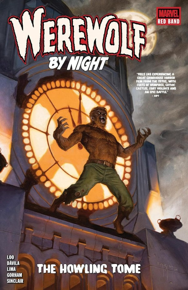 Comic book cover of 'Werewolf by Night' with a werewolf figure and clock tower.