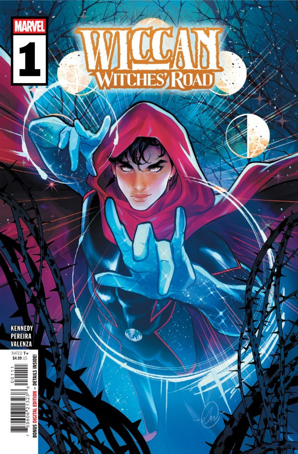 Comic book cover of 'Wiccan: Witches' Road' with a character in a red hood and blue hands against a cosmic background.