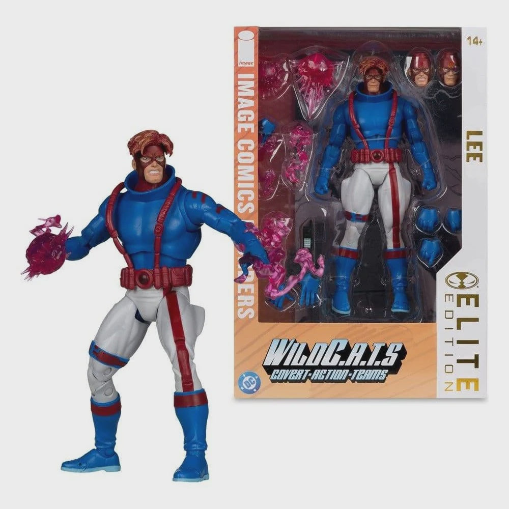 Lee Skater action figure shown beside its retail packaging on a light gray background. The figure wears a blue top and boots, white pants, and red harness details, with pink energy effects and alternate heads visible in the window box.