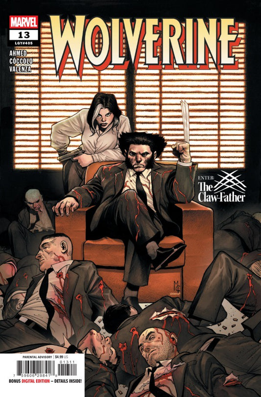 Comic book cover featuring a character sitting on a couch with others around, with 'Wolverine' branding.