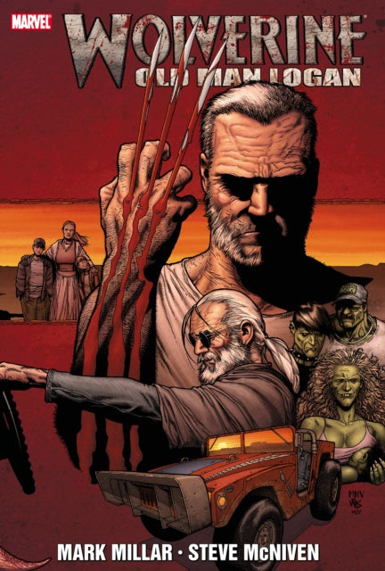 Comic book cover of 'Wolverine: Old Man Logan' with a red background and multiple characters.