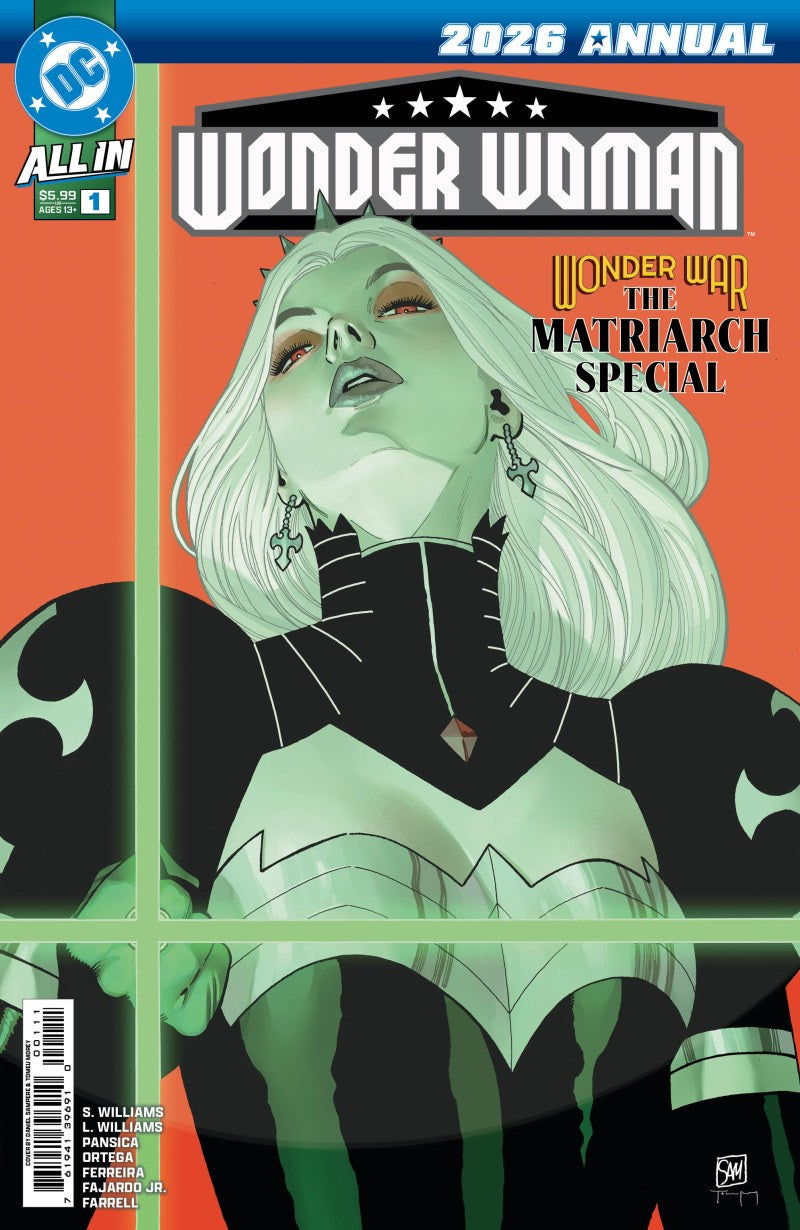 Front cover of the DC Comics '2026 Annual' featuring Wonder Woman, issue 1. The cover art shows Wonder Woman with pale green skin, white hair, and a black-and-green bodysuit against a bright orange background.