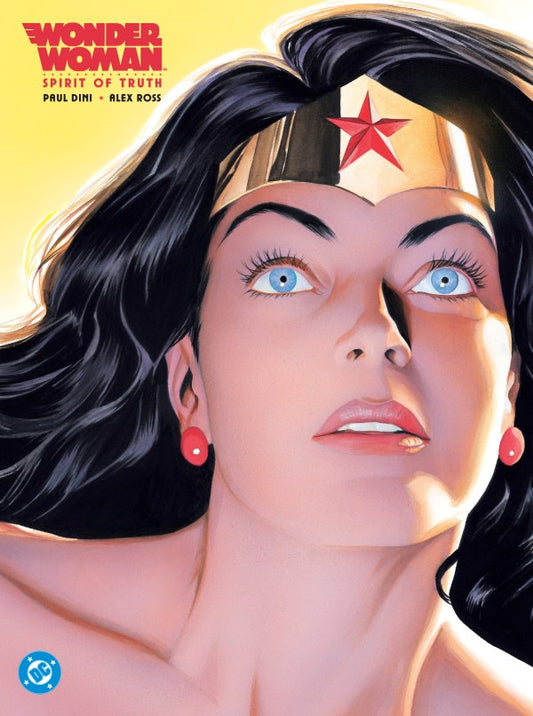 Comic book cover art for Wonder Woman: Spirit of Truth, featuring a close-up portrait of Wonder Woman looking upward with her tiara and red earrings visible against a yellow background. The DC Comics logo appears in the lower-left corner.