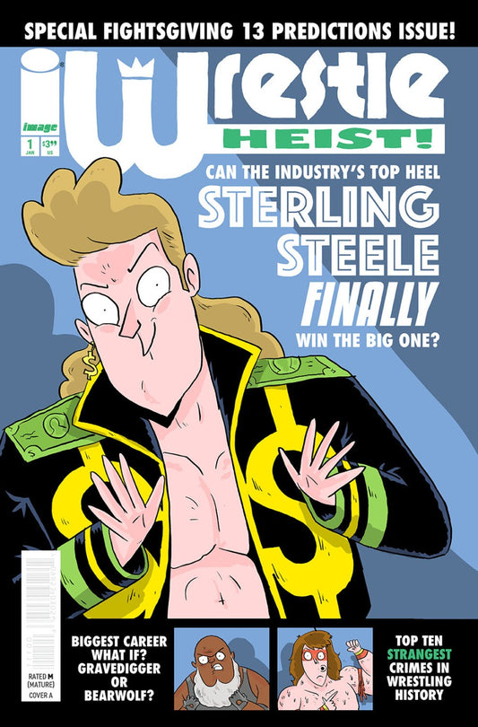 Comic book cover featuring a character in a wrestling outfit with promotional text.