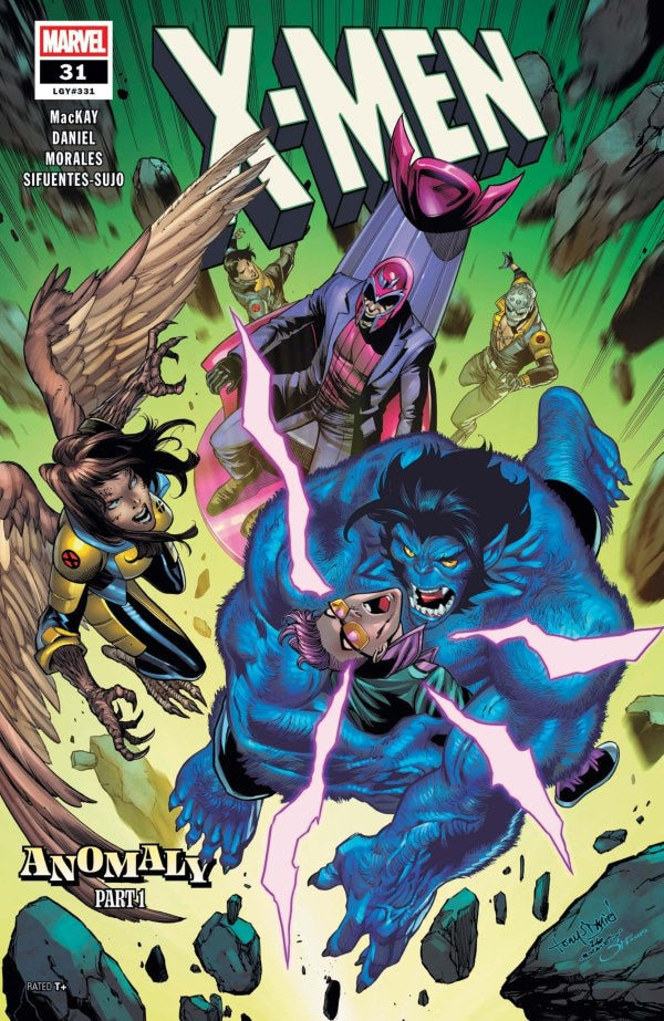 Comic book cover featuring X-Men characters with a blue wolf-like creature and an eagle, on a green and yellow background.