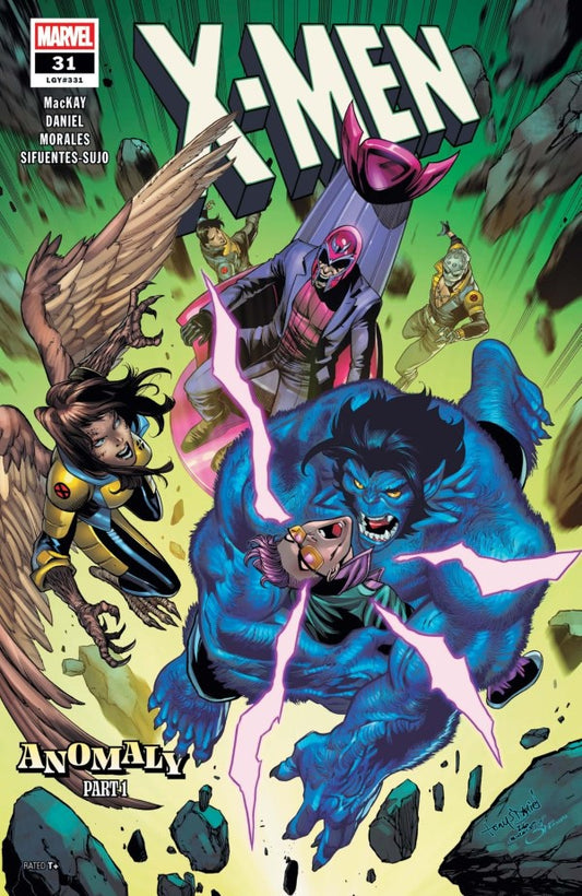 Comic book cover featuring X-Men characters with a blue wolf-like creature and an eagle, on a green and yellow background.