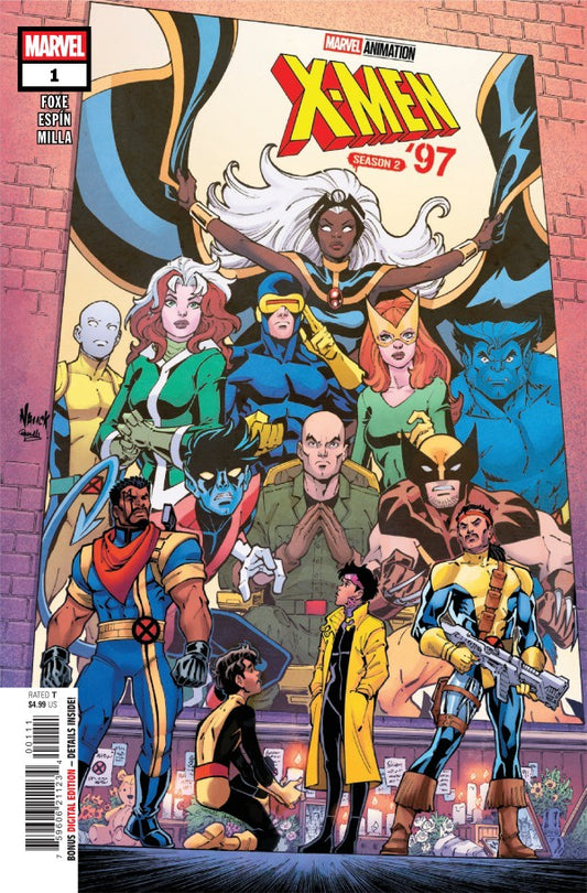 Comic book cover featuring a group of superheroes in front of a brick wall.