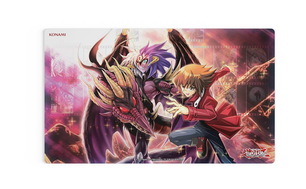 A playmat featuring artwork of Jaden Yuki and Yubel from the Yu-Gi-Oh! card game, with vibrant colors and dynamic poses.