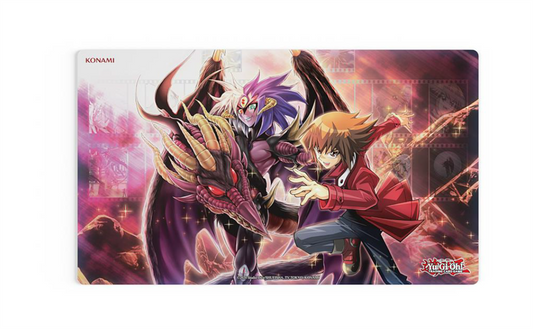 A playmat featuring artwork of Jaden Yuki and Yubel from the Yu-Gi-Oh! card game, with vibrant colors and dynamic poses.
