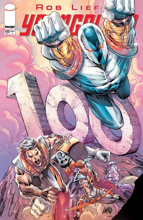Comic book cover featuring a character with raised fists and the number 100 on a pink background.