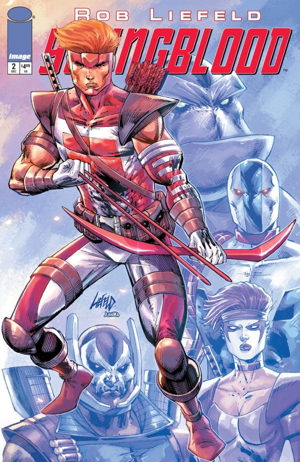 Comic book cover featuring a warrior character with red and white armor, holding a bow and arrow.