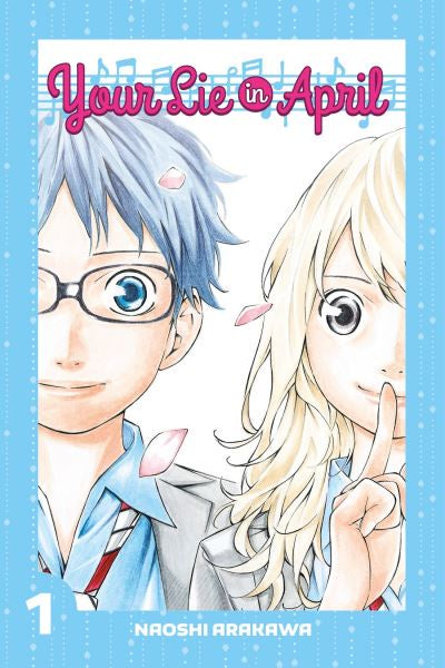 Cover of 'Your Lie in April' manga with two characters on a light blue background