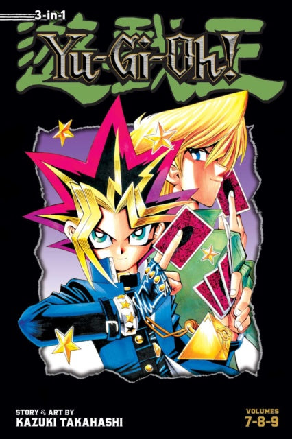 Yu-Gi-Oh! book cover with two characters holding cards on a black background