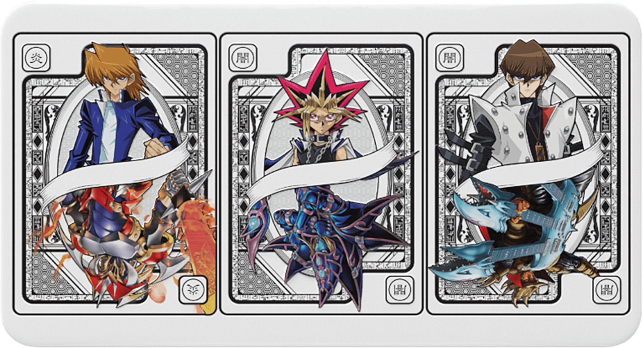 Three trading cards featuring animated characters with dynamic poses on a white background.