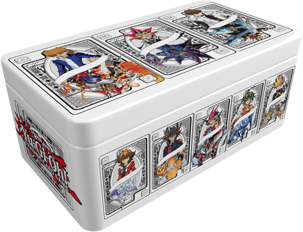 Card holder with illustrated card designs featuring characters on a white background