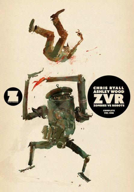 Book cover of 'Zombies vs Robots' with a robot and person in mid-air on a beige background.