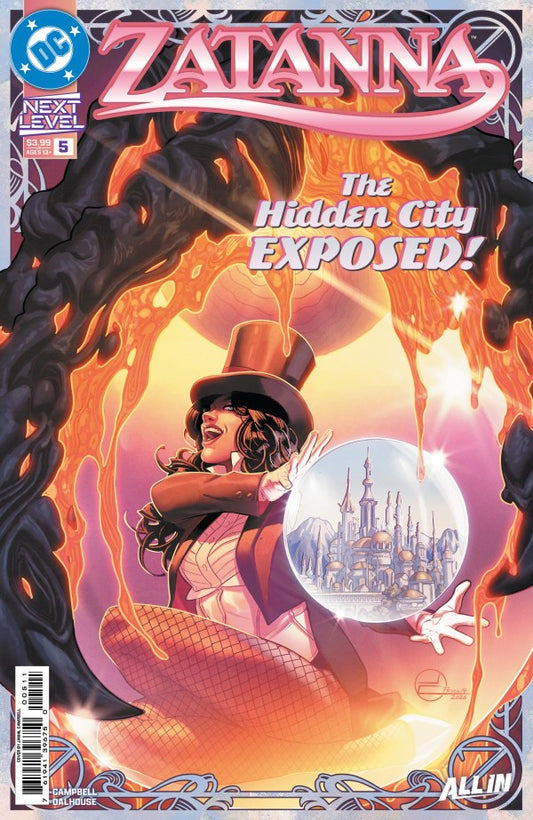 Comic book cover for Zatanna Issue 5, featuring the character Zatanna in a pink and gold outfit with a top hat, surrounded by swirling orange and black energy, with a crystal ball showing a castle. The DC logo is visible in the top left corner.