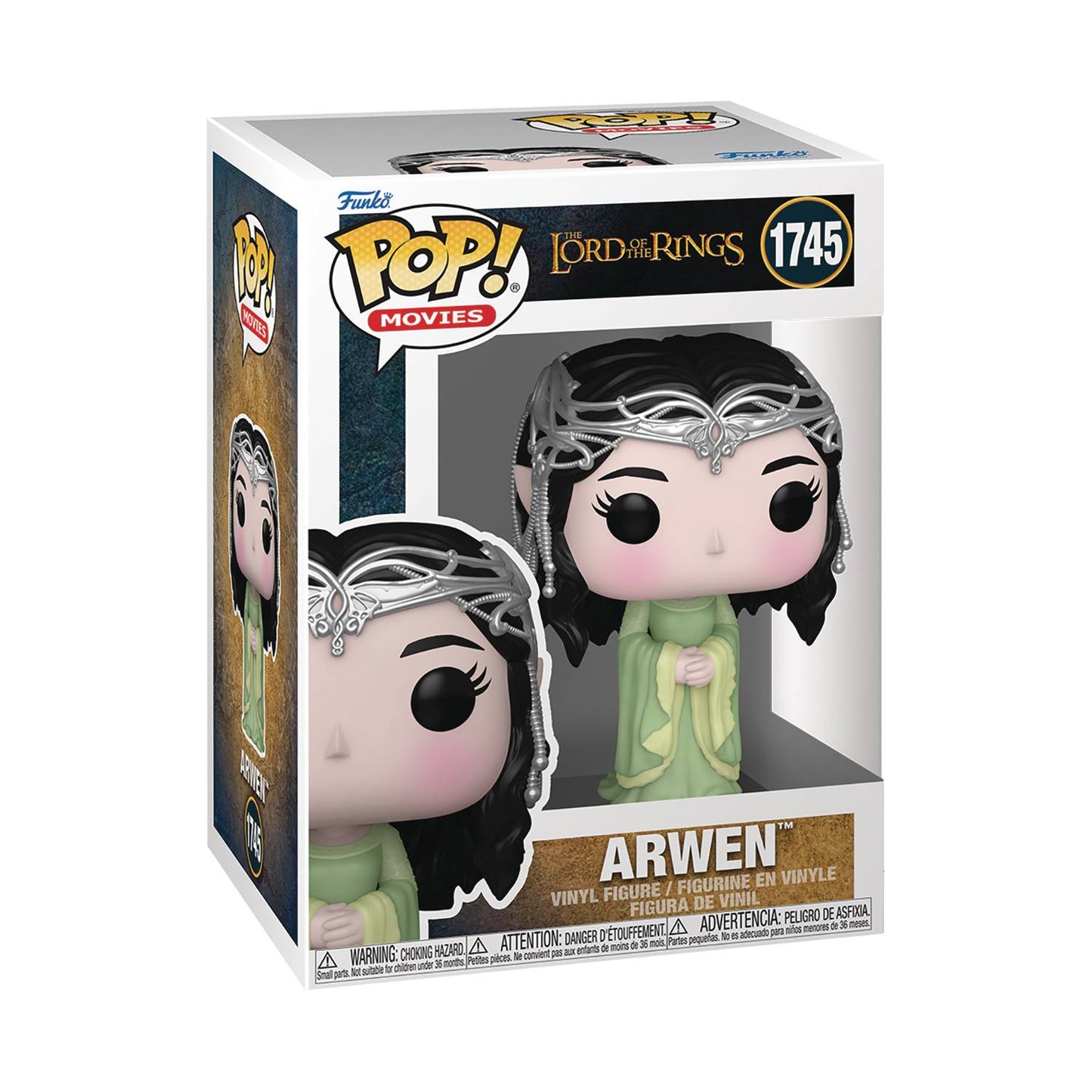 A Funko POP! vinyl figure of Arwen from The Lord of the Rings, wearing a green dress and a diadem, standing approximately 4 inches tall, in its original packaging.