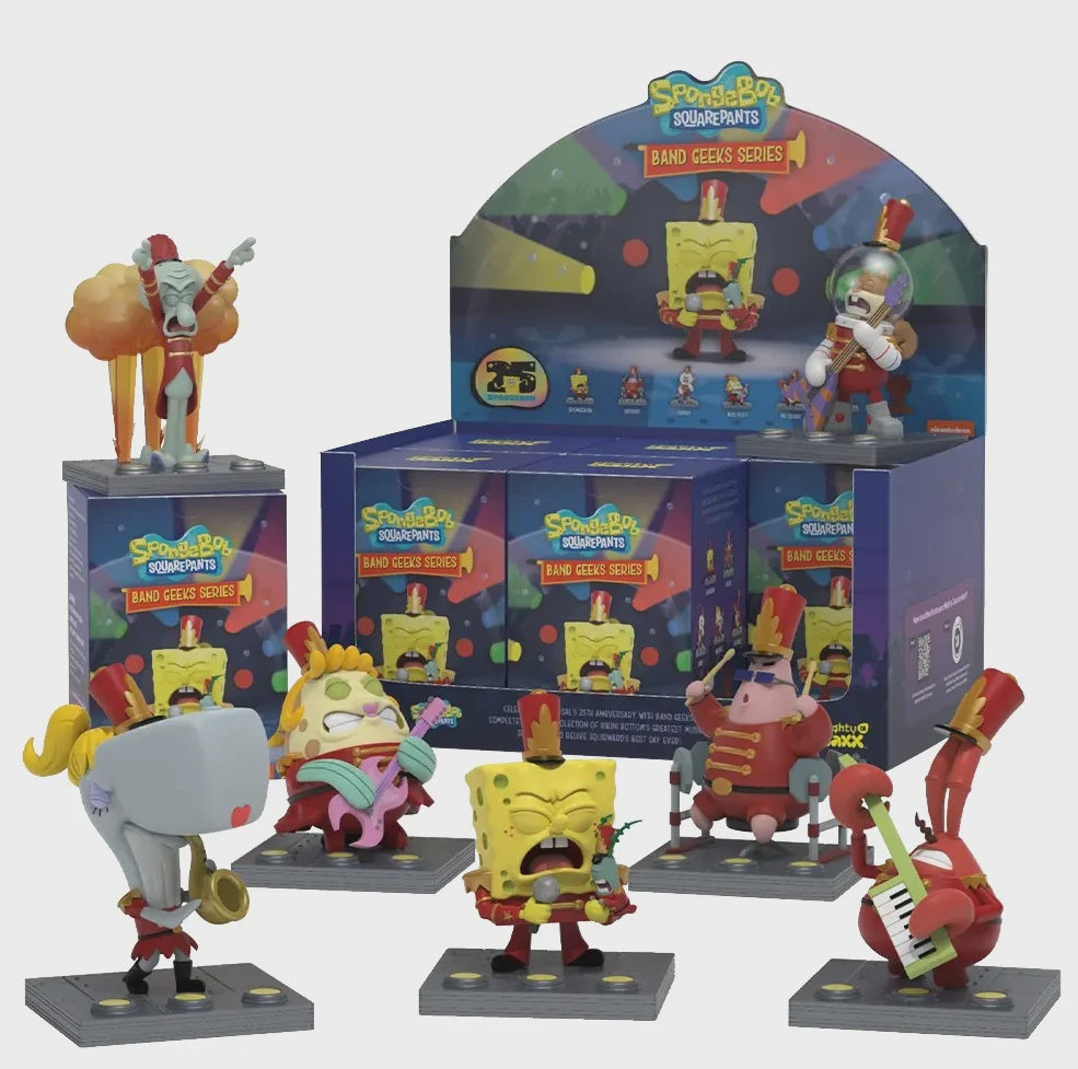 A collection of SpongeBob SquarePants figurines from the Band Geek Series, featuring characters like SpongeBob, Squidward, and others from the show.