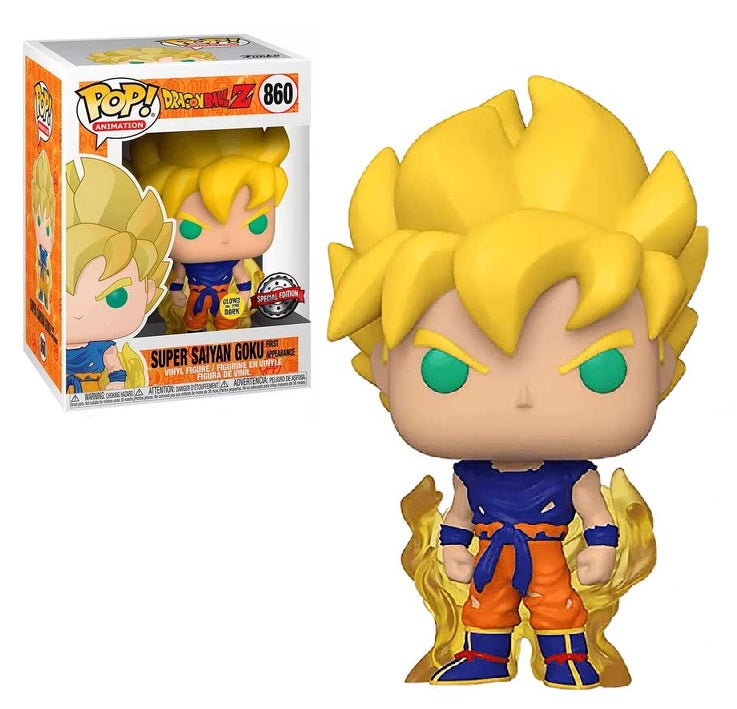 Funko Pop! vinyl figure of Goku from Dragon Ball Z in Super Saiyan form, with yellow hair and wearing a blue and orange outfit.