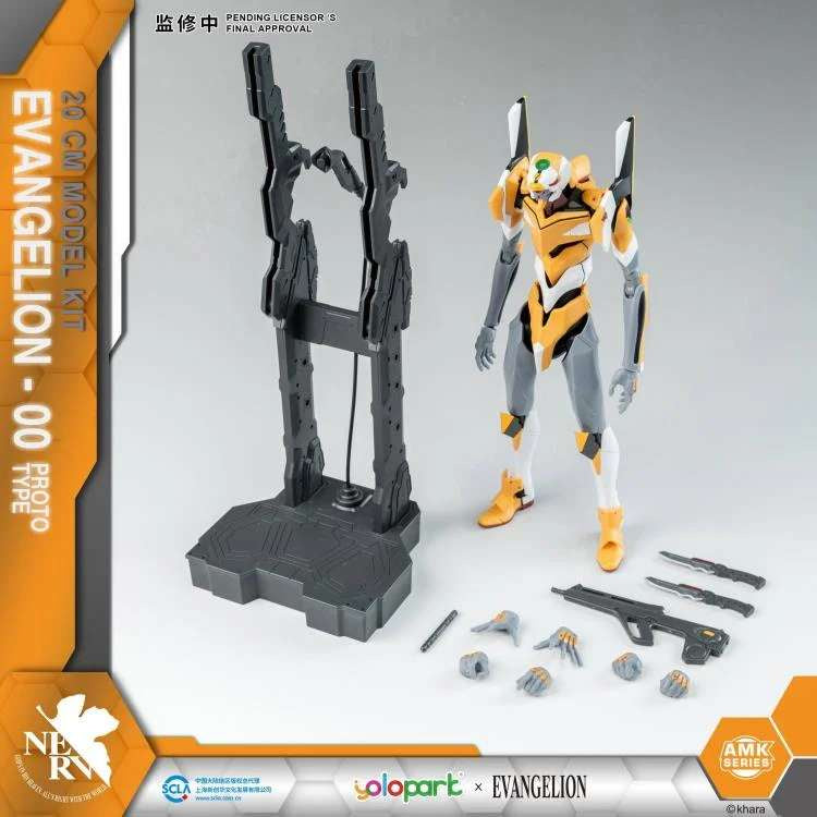  Evangelion model kit depicting the character Evangelion Unit-01 in a gray and orange design, with various accessories and a stand.