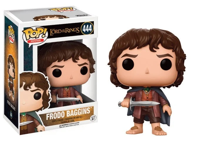 A Funko POP! vinyl figure of Frodo Baggins from the Lord of the Rings movies, standing approximately 8 cm tall, packaged in an illustrated window box.