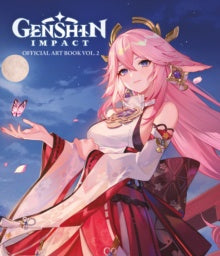 Cover of the 'Genshin Impact Official Art Book Vol. 2' featuring an illustration of a character from the game sitting under a moonlit sky.