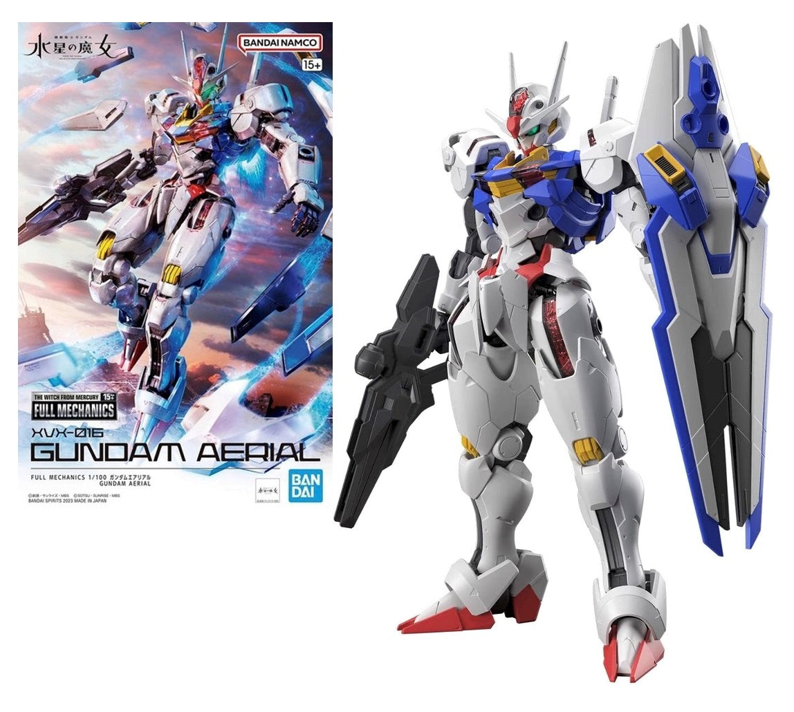 Gundam Aerial model kit from Bandai, depicting the character The Witch from Mercury. The image shows the assembled model which is a detailed space suit mecha in blue, white, and red colors with guns and a helmet.