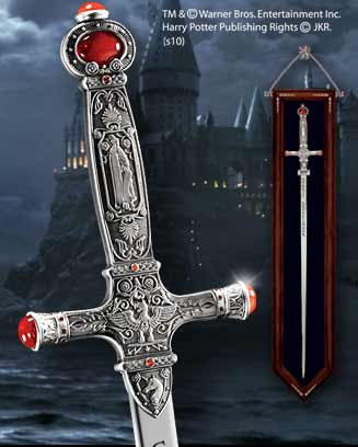 A reproduction of the Godric Gryffindor sword from the Harry Potter series, featuring a decorative handle with red crystal cabochons, displayed against a backdrop of Hogwarts castle.