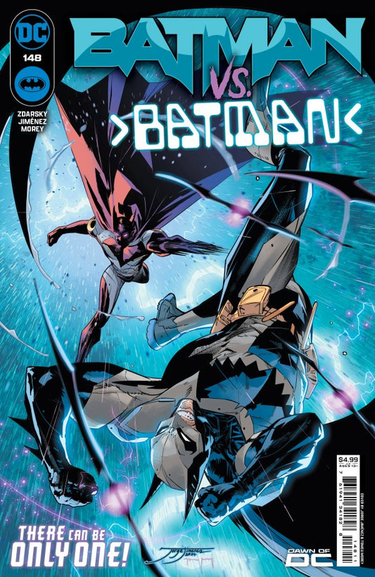 Comic book cover featuring two versions of Batman in a dynamic pose with a blue and black color scheme.