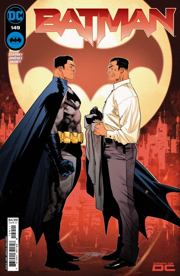 Comic book cover featuring Batman and another character with a cityscape background
