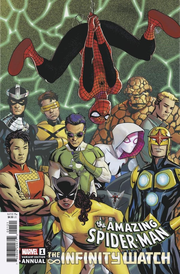 Comic book cover featuring various superhero characters with 'The Amazing Spider-Man' and 'Infinity Watch' text.