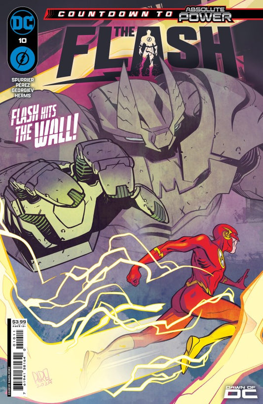 Comic book cover featuring The Flash and a robot with text 'Flash hits the wall' on a purple background.