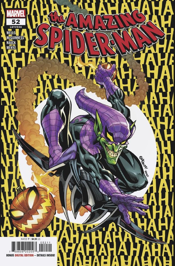 Comic book cover of 'The Amazing Spider-Man' featuring a villain with a pumpkin and 'HA HA HA' text.
