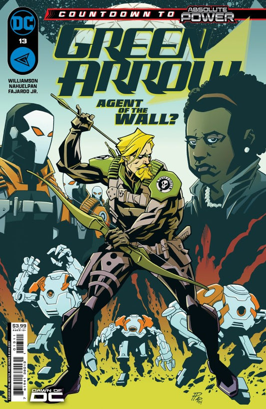 Comic book cover featuring Green Arrow with a masked figure and robots in the background