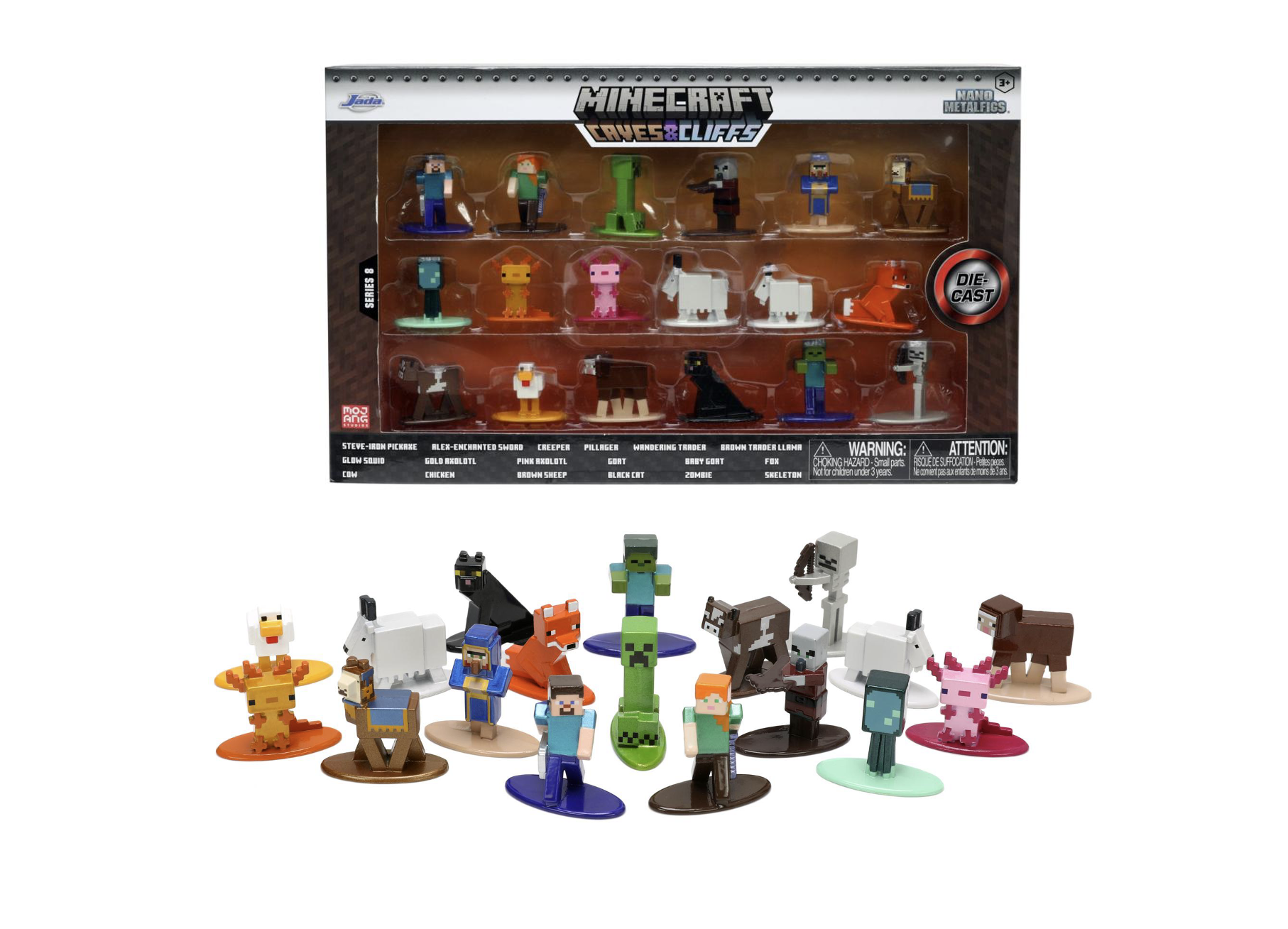 A set of 18 Minecraft-themed nano figures from Jada Toys, featuring various characters and creatures from the game.