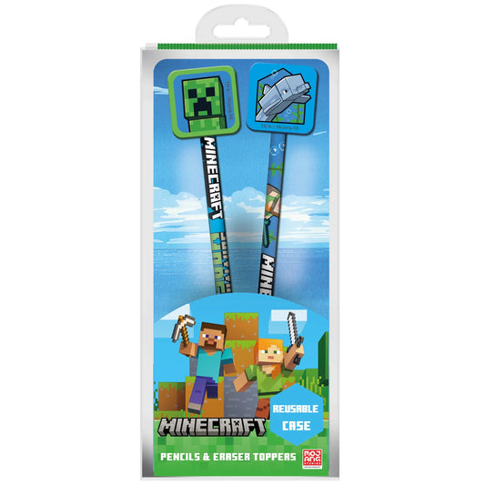Minecraft pencil and eraser topper set in packaging with characters and ocean background