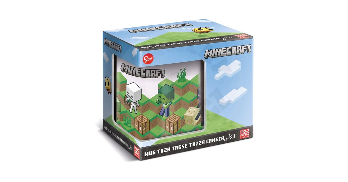 A ceramic mug with a Minecraft theme, featuring character figures from the game on the packaging.