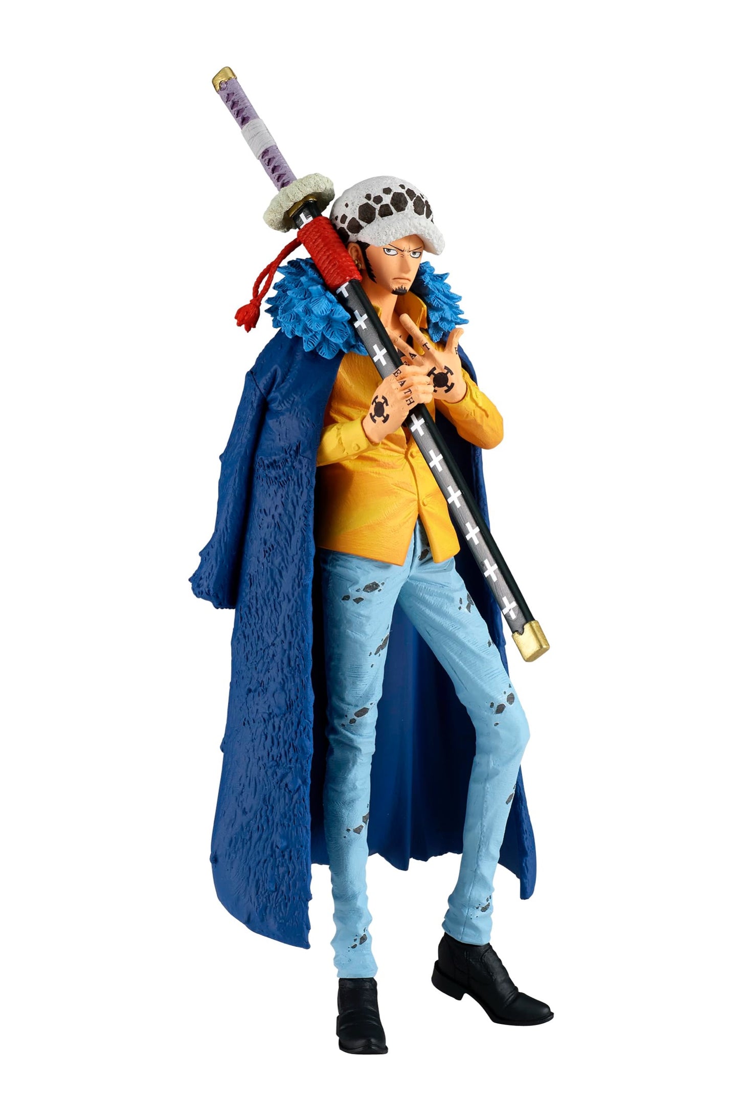 A figurine of the character Trafalgar Law from the anime One Piece, featuring a detailed sculpt with a blue outfit, yellow shirt, and holding a sword.