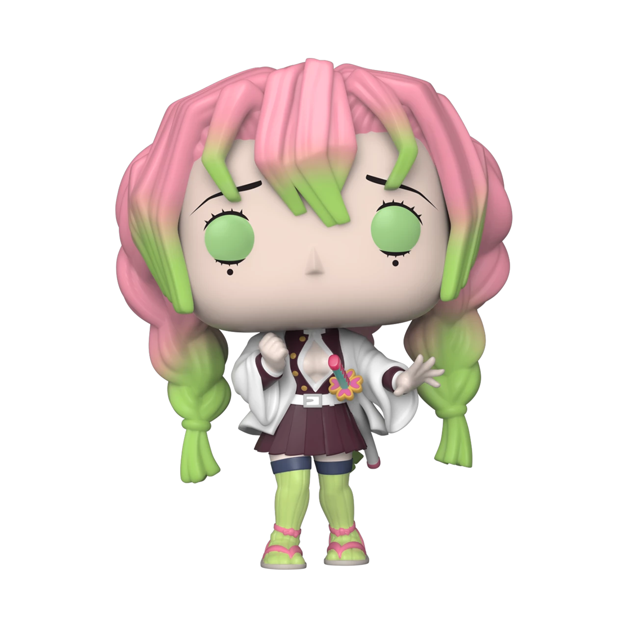 A vinyl figure of Mitsuri Kanroji from Demon Slayer with pink hair and green eyes, dressed in a white outfit with a necktie and green accents.