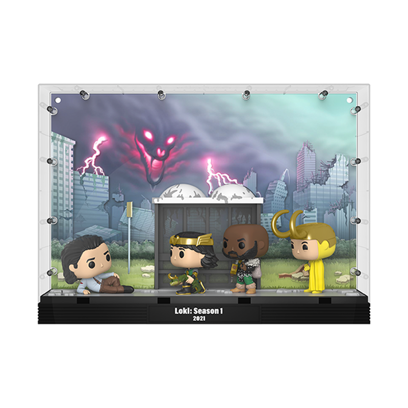 A display case featuring four Funko Pops! vinyl figures from the Loki series, depicting different incarnations of the character Loki, with a dynamic backdrop.