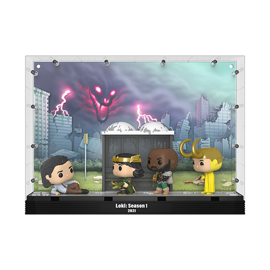 A display case featuring four Funko Pops! vinyl figures from the Loki series, depicting different incarnations of the character Loki, with a dynamic backdrop.