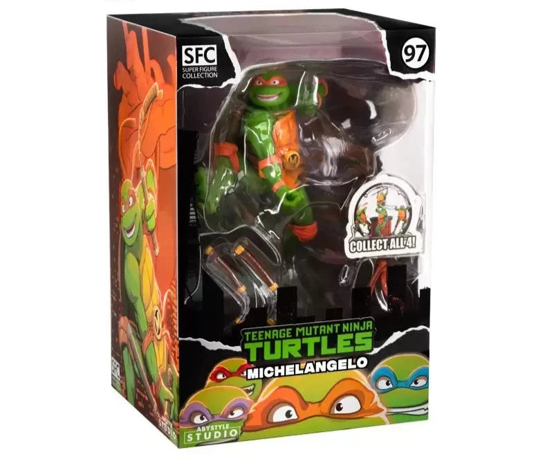 A packaged Teenage Mutant Ninja Turtles Michelangelo figure in a box, with visible branding and number 97.